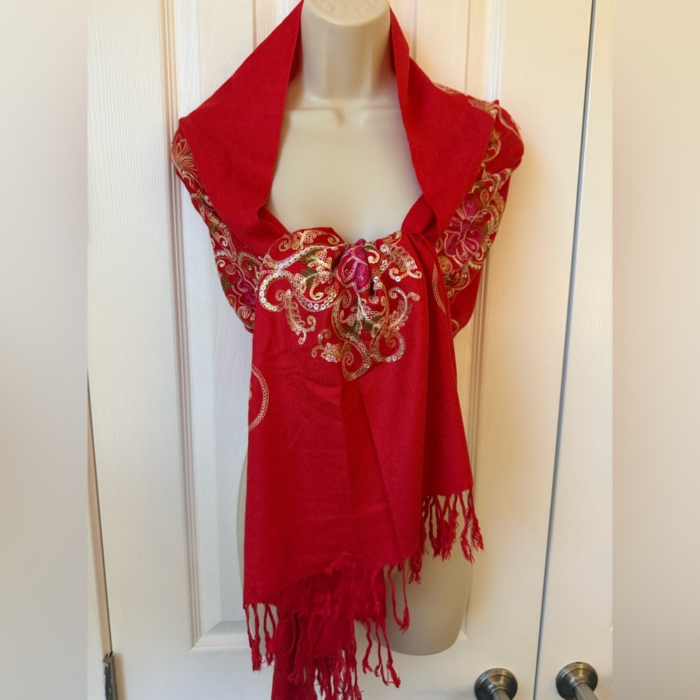 🆕 Special Large Red Hand Embroidered/Beaded, Scarf Wrap  From Medjugorje 🙏🌹🧣